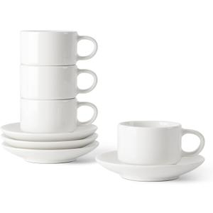 DOWAN 2.5 Ounce Porcelain Stackable Espresso Cups with Saucers Set of 4, White Espresso Cups for Home, Office and Cafe Use
