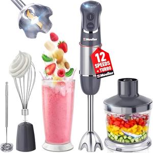 Mueller Multistick 5-in-1 Immersion Blender Handheld,12 Speed Hand Mixer-Turbo Boost,Heaviest Duty Copper Motor,Titanium reinforced Blades Hand Blender,Milk Frother Wand,Whisk,Beaker,Chopper,Grey