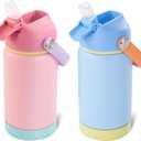 Kerilyn 12oz Kids Water Bottle 2 Pack, Stainless Steel Insulated Water Bottle Bulk, Toddler Cups with Straws Leak-Proof, Kids Water Bottles for School Boys Girls, BPA Free, Sky+Charm Pink 2 Piece Set
