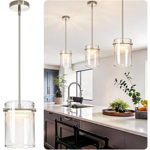 10 Inch Brushed Nickel Island Pendant Light, Large Glass Pendant Lighting, 10.2"