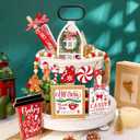 12 Pieces Christmas Tiered Tray Decor Farmhouse Hot Cocoa Decor Warm Winter Tabletop Wooden Block Sign Gingerbread Man Candy Cane Wood Bead Garland Holiday Table Centerpieces