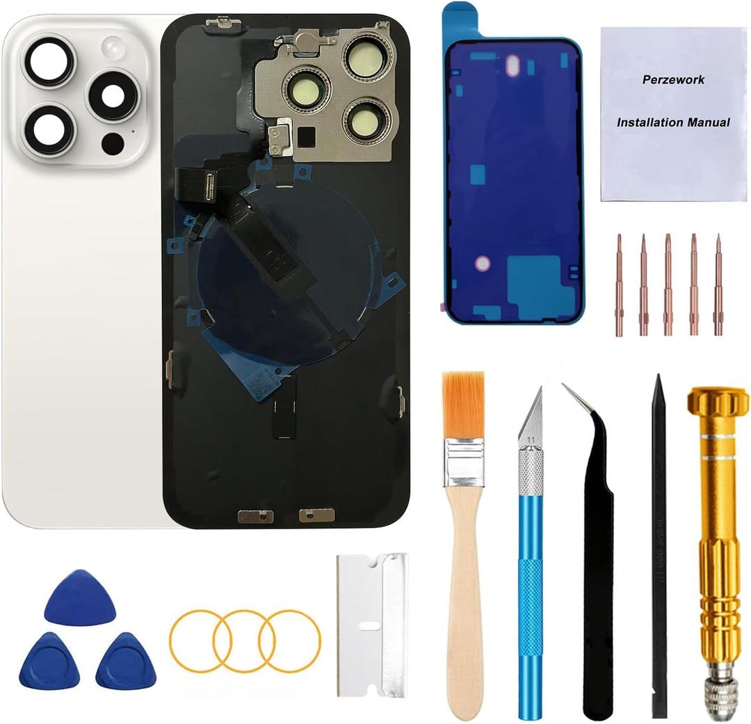 Rear Back Glass Replacement for iPhone 15 Pro 6.1-inches with Repairing Tool Kit and All Necessary Parts (White Titanium)