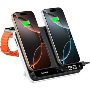 Dual Phone Charger, SwanScout 710A, Wireless Charger for iPhone 16/15/14/13/12/11/8/X Series, for Apple Watch 10/9/8/7/6, Ultra 2/Ultra, for AirPods 4/Pro 2/Pro/3