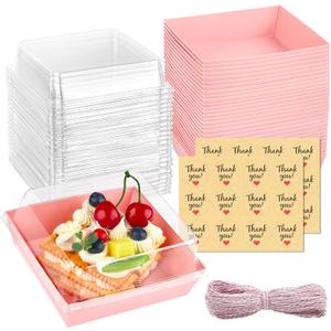 Kucoele 20 Pack Small Charcuterie Boxes with Clear Lids, To Go Paper Dessert Boxes Bakery Boxes, 5 Inches Disposable Food Containers for Cookies, Cupcakes, Slice Cakes, Strawberries (Pink)