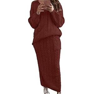 CHARTOU Women's Winter Chunky Cable Knit Long Skirt 2 Piece Outfit Sweater Sets (XX-Large, Wine Red)
