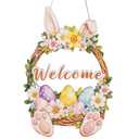 ONEHAUS Easter Decorations Wooden Wreath for Front Door Sign, Happy Easter Cute Bunny Porch Decor Welcome Hanging Sign for Outdoor, Wall Hanging Rabbit Wreath for Party Home Indoor