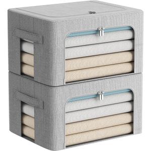 2 Pack Clothes Storage Bins Stackable Metal Frame Storage Box Foldable Linen Fabric Organizer with Carrying Handles and Clear Window (Light Gray, 15.7x 11.8x 7.8Inch)