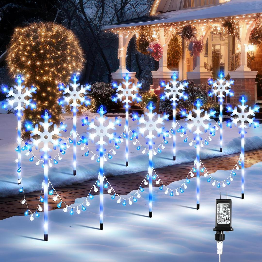 Christmas Snowflake Pathway Lights Outdoor, Set of 10 Christmas Pathway Lights with 8 Lighting Modes, Outdoor Xmas Decorations with Timer for Holiday Walkway Patio Yard Garden(Blue and White)