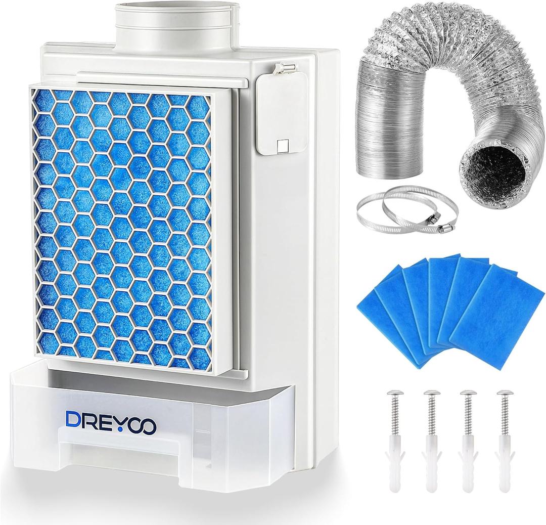Dreyoo 3 in 1 Dryer Vent Kit for Indoor, Stainless Steel Screen Filter, 7.8 ft Vent Hose and 6 Pieces Polyester Filters, with Water Drawer System for Electric Ventless Dryer(Blue)