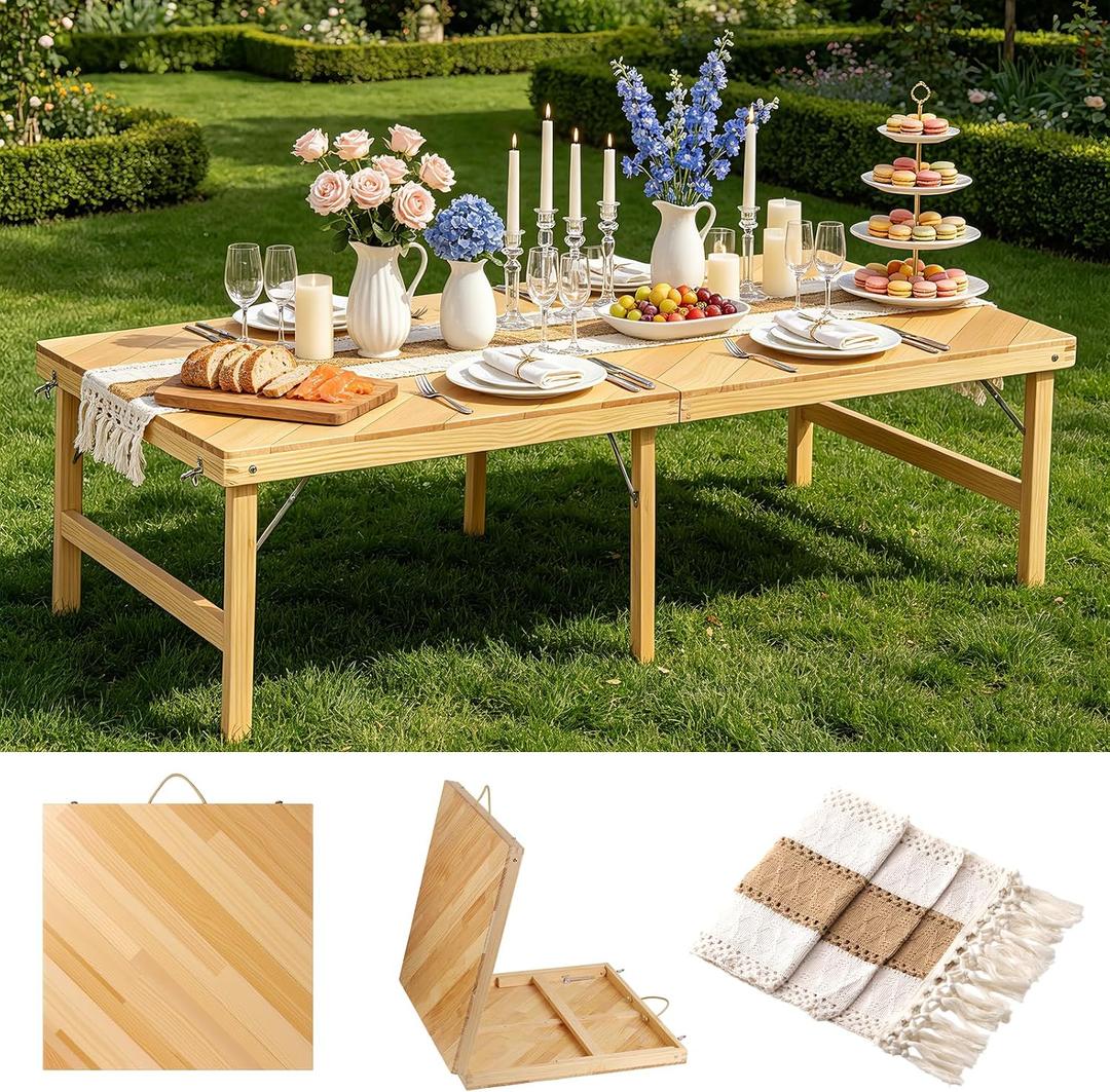 Folding Picnic Table, 5 Ft Solid Wood Low Floor Portable Picnic Table with Boho Table Runner for Indoor & Outdoor, Patio, Beach, Kids, Party, Garden, Camping, Wedding, Travel, 60" × 30“