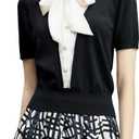 Women's Black and White Color Block Knit Short Sleeve T-Shirt, Faux Two-Piece Design with Pearl Button, Elegant, XL