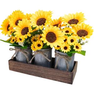 Winlyn Set of 3 Artificial Sunflowers Metal Pot Centerpiece Farmhouse Sunflowers Floral Arrangements with Rectangle Wooden Planter 11" for Rustic Wedding Spring Summer Home Kitchen Table Shelf Dcor