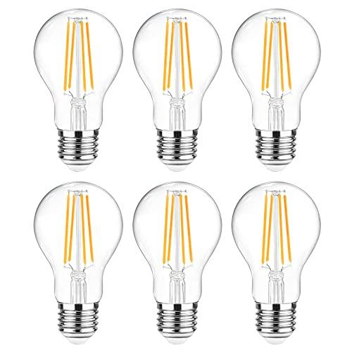 Ascher 60 Watt Equivalent, E26 LED Filament Light Bulbs, Warm White 2700K, Non-Dimmable, Classic Clear Glass, A19 LED Light Bulb with 80 CRI, Pack of 6