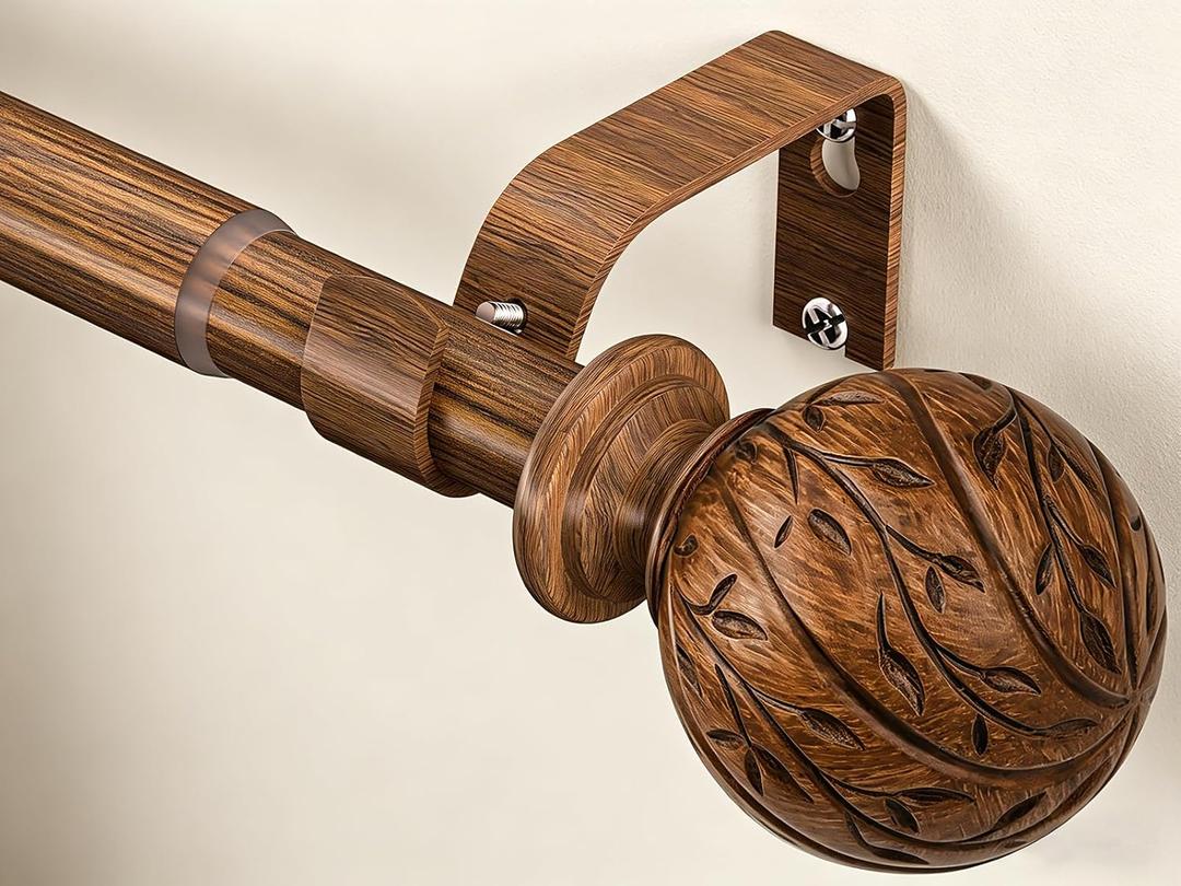 Wood Curtain Rods for Windows 36 to 88 Inch, 1" Adjustable Heavy Duty Boho Drapery Rod Decorative Curtain Rods with Finials Rustic Window Treatment Rods for Kitchen Farmhouse Bedroom Patio