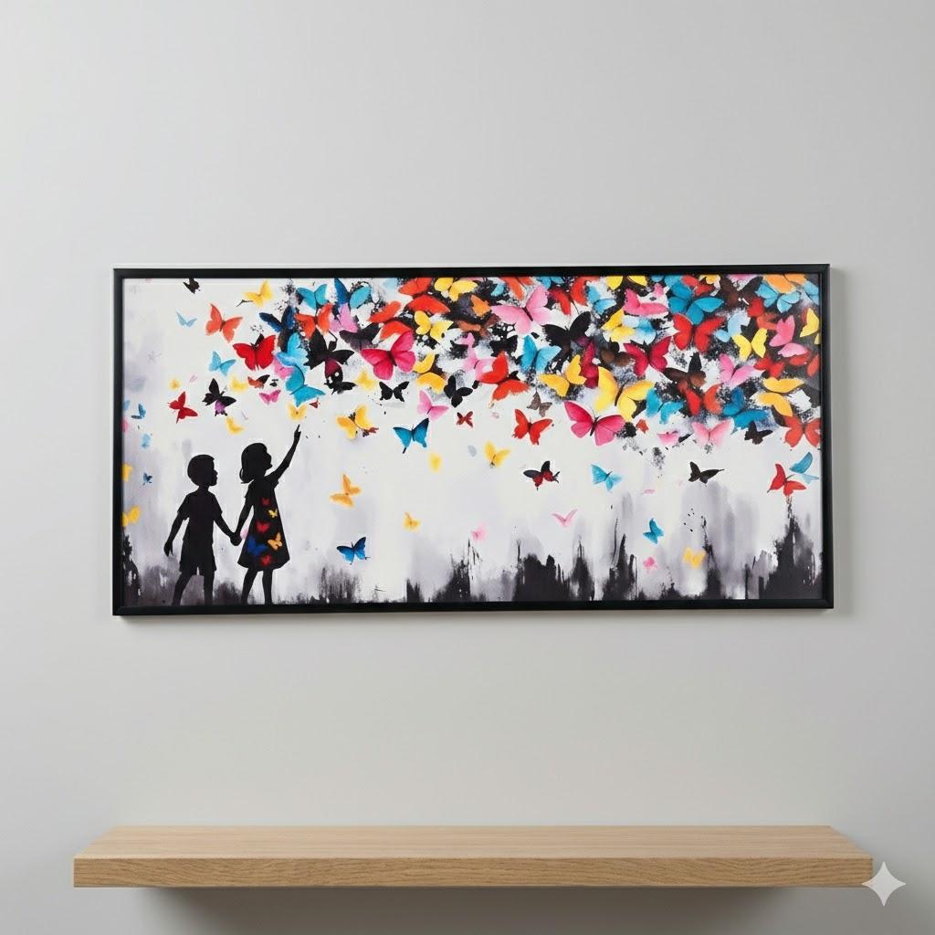 Graffiti Street Wall Art Banksy Painting Artwork Framed Boy Girl with Butterfly Wall Decor Canvas Prints Street Art Picture for Kid Room Bedroom Ready to Hang 18" Wx24 H