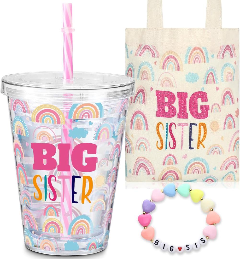 3 Pcs Big Sister Gift for Girls 12 oz Pink Big Sister Cup Insulated Acrylic Tumbler with Leakproof Lid and Straw Canvas Tote Bag Bracelet for Little Girls Age 2-8