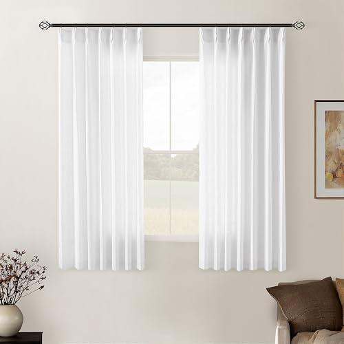 White Short Linen Curtains 45 Inch Length 2 Panel Set for Small Windows Rustic Country Linen Cotton Light Filtering Drapes Privacy Pinch Pleated Back Tab Semi Sheer Kitchen Curtains 45 Inches Long, Snow White, 40"W x 45"L (Pack of 2)