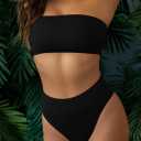 Pink Queen Women's Ribbed High Waisted Bikini Set Removable Strap Bandeau Swimsuit (L)