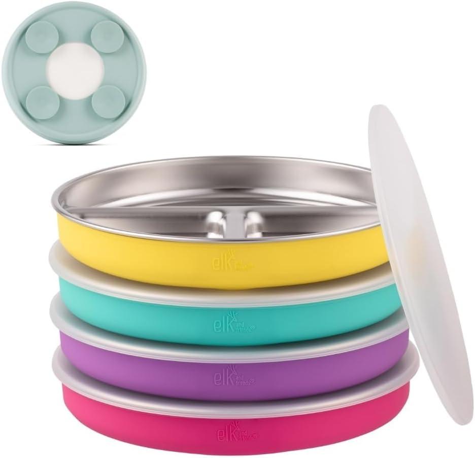 Elk and Friends Stainless Steel Divided Plates with Silicone Sleeve for Babies & Toddlers | Lids Included | Stay Put Suction | Dinner & Snack Plates | 4 Pack (Pink/Purple/Teal/Yellow)