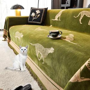 Chenille Sofa Cover with Tassels, Non-Slip Couch Cover for 3/4 Seat Sofas, Washable Furniture Protector for Pets & Kids, Modern Leopard Pattern Chenille Blanket (Green, 71"x165")