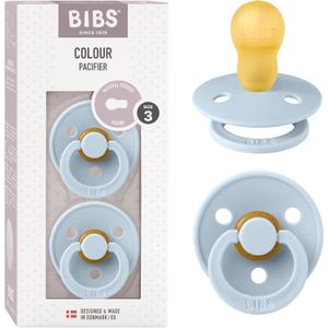 Bibs Colour Pacifier 2-Pack | BPA Free Soother, Round Nipple. Natural Rubber Latex, (Baby Blue)