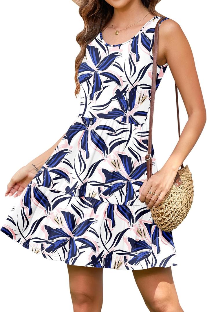 AUSELILY Womens Summer Dress Casual Sleeveless Crewneck T Shirt Sundress Flowy Tiered Swing Mini Dresses (L)