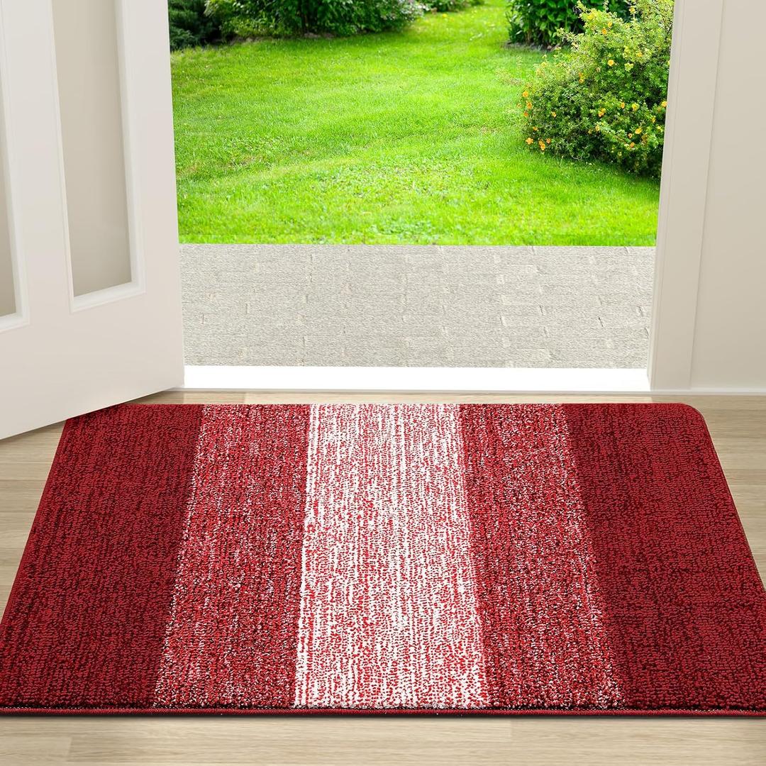Kitinjoy Indoor Outdoor Door Mat, 30x17 Non-Slip Absorbent Dirt Trapper, Low-Profile Washable Inside Entrance Front Floor Mat, Sturdy Soft Entry Doormats for Entryway, Burgundy