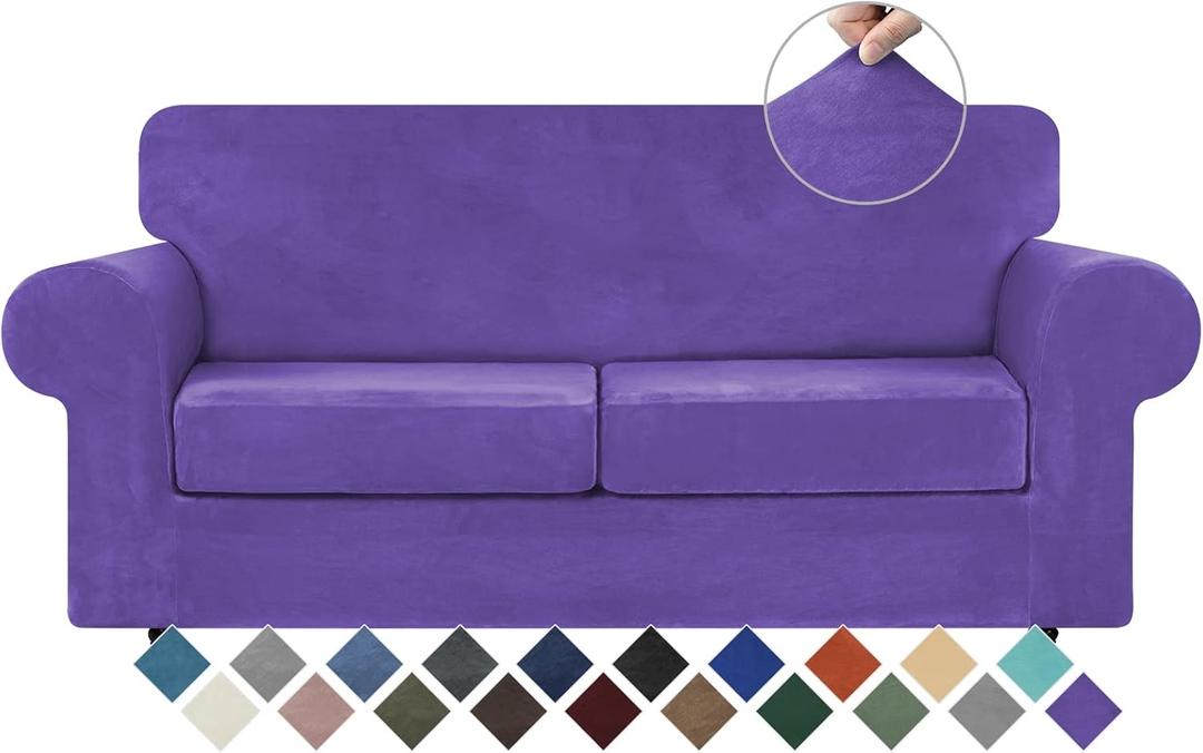 WEERRW Velvet Couch Covers for 2 Cushion Couch Sofa - High Stretch Luxury Velvet Plush 3 Pieces Sofa Slipcovers with Elastic Bottom, Furniture Protector for Pets, Machine Washable, Purple, Medium