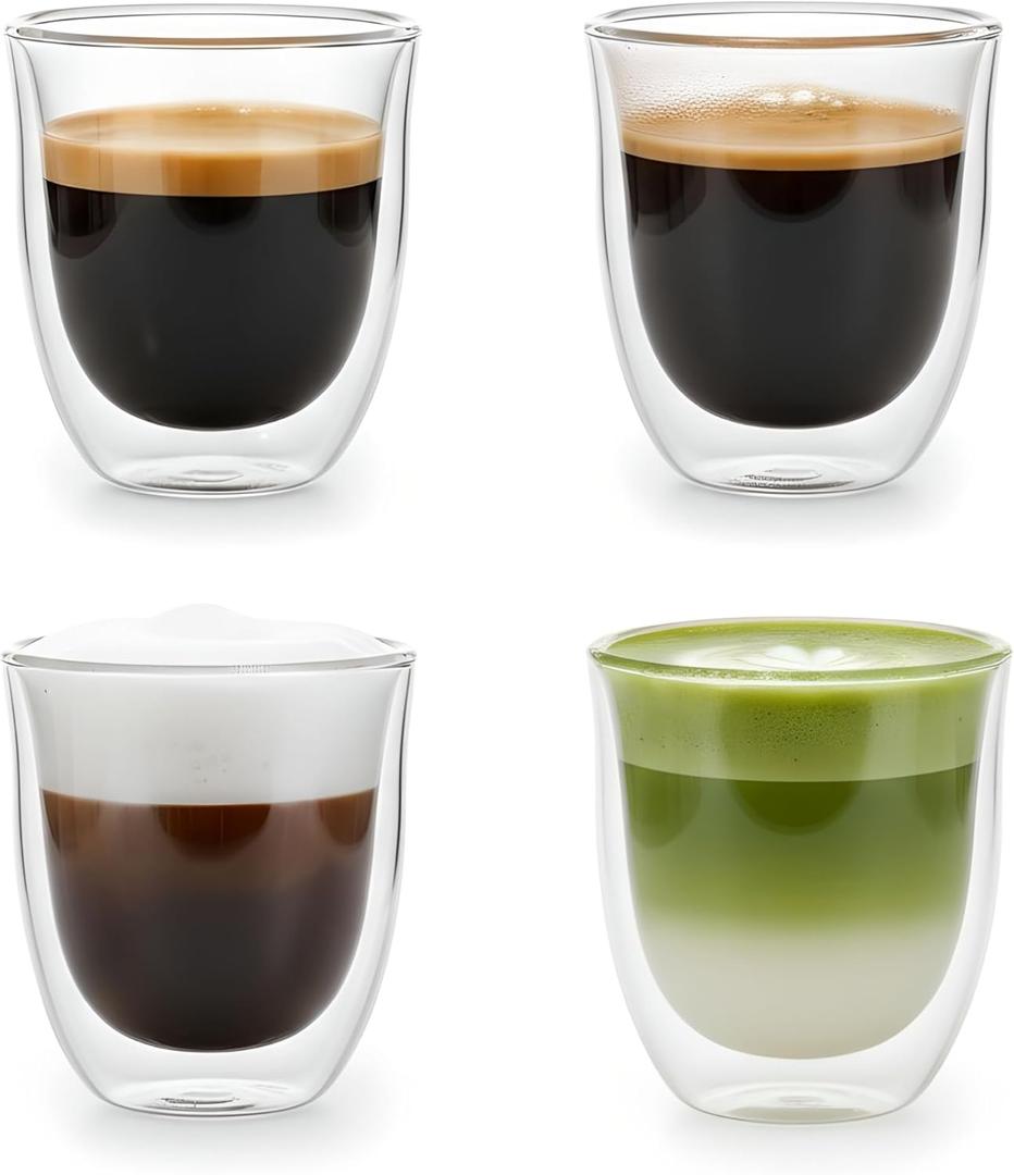 5oz Double Walled Espresso Cups, Set of 4 - Insulated Glass Coffee Mugs for Lungo, Double Espresso & Cappuccino - Clear Borosilicate Glassware Compatible with Nespresso & De'Longhi Machine