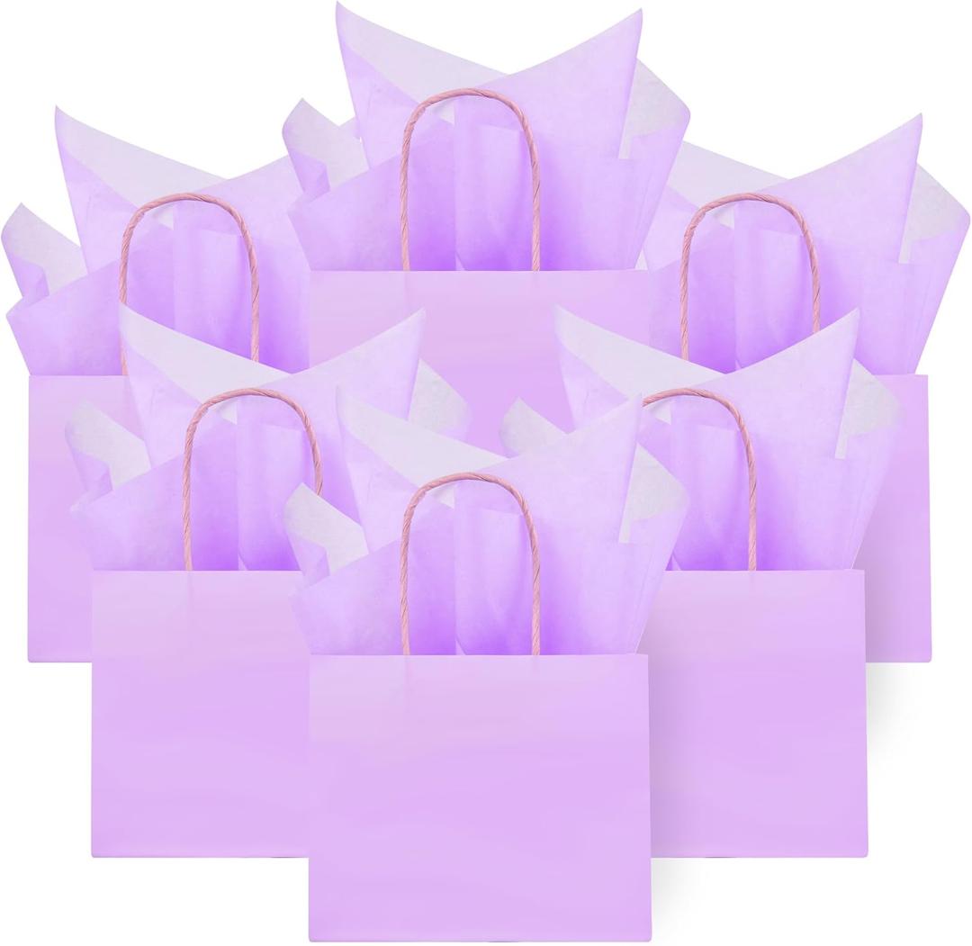 DjinnGlory 24 Pack Mini Tiny Small Lavender Purple Paper Gift Bags with Handles 6x5x2.5 Inch and 24 Tissue Paper for Merchandise Wedding Baby Shower Birthday Party Favors Goodies