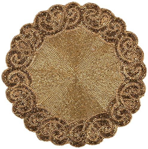 Round Beaded Placemats - White 13" Round, Holiday & Christmas Beaded Charger Placemats, Glitz Brown Gold