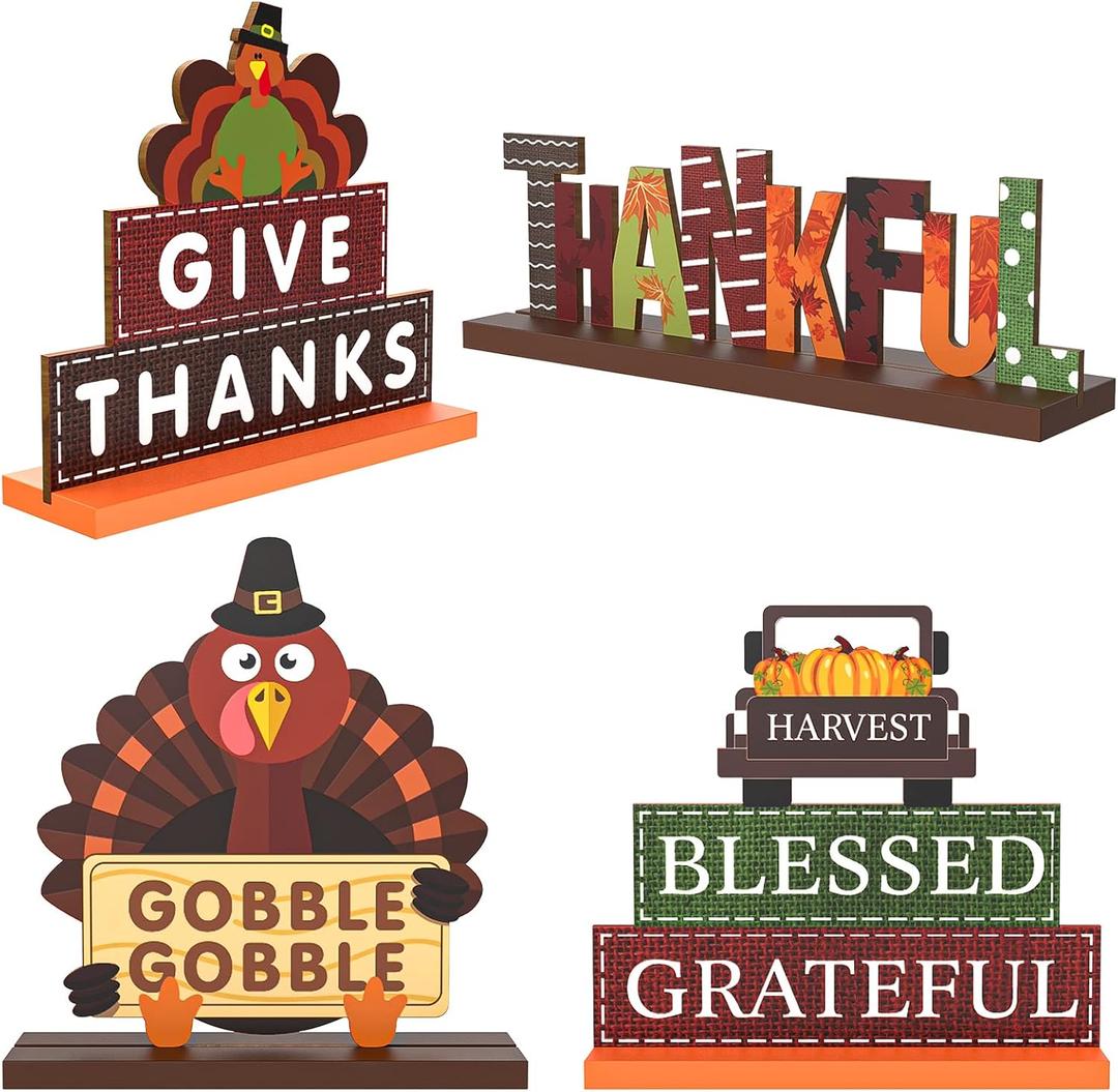 4 Pcs Thanksgiving Centerpieces for Tables Decorations, Wooden Thanksgiving Table Decorations Indoor Pumpkin Turkey Signs, Harvest Autumn Fall Decor Set for Home Office Party Farmhouse Desk Fireplace