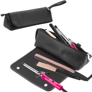 Buwico Travel Hair Tools Bag, Hair Tools Travel Case and Heat Resistant Mat for Flat Irons, Curling Iron, Haircare Accessories, 2-in-1 Design Curling Iron Travel Bag for Dyson Airstrait (Black)