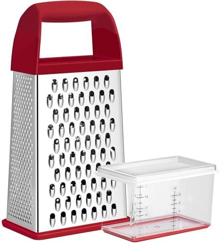 Urbanstrive Cheese Grater With Container, Professional Cheese Grater with Handle, Stainless Steel Graters for Kitchen Handheld, Box Grater with 4 Sides for Vegetables, Ginger, Potatoes (Red)