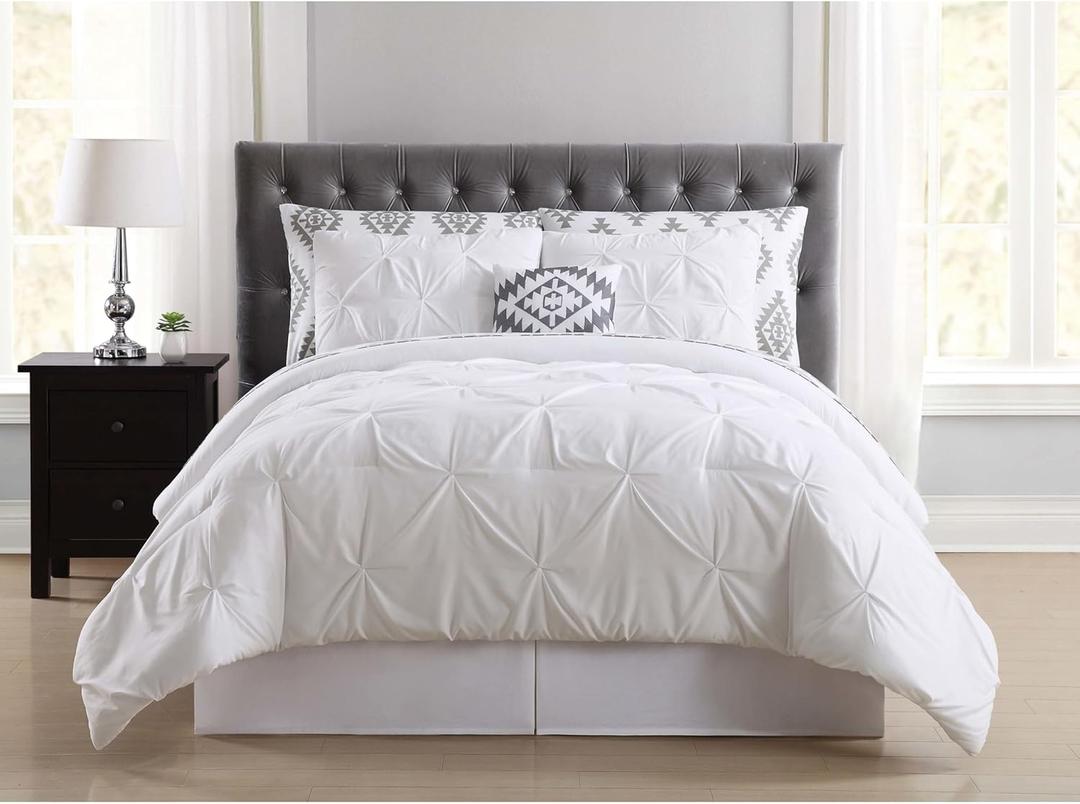 TRULY SOFT Pueblo Pleated Bed in a Bag White Polyester 6-Piece Twin Bed in a Bag, Teen Themed, for Men and Women, Oeko-TEX Certified Confidence (Pueblo White)