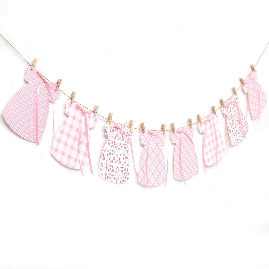 Pink Gingham Baby Dress Bodysuit Banner - Bow Gender Reveal Baby Shower Banner,Floral And Gingham Decorations,Pink Floral Milestone Nursery Decor Keepsake Garland(pink)