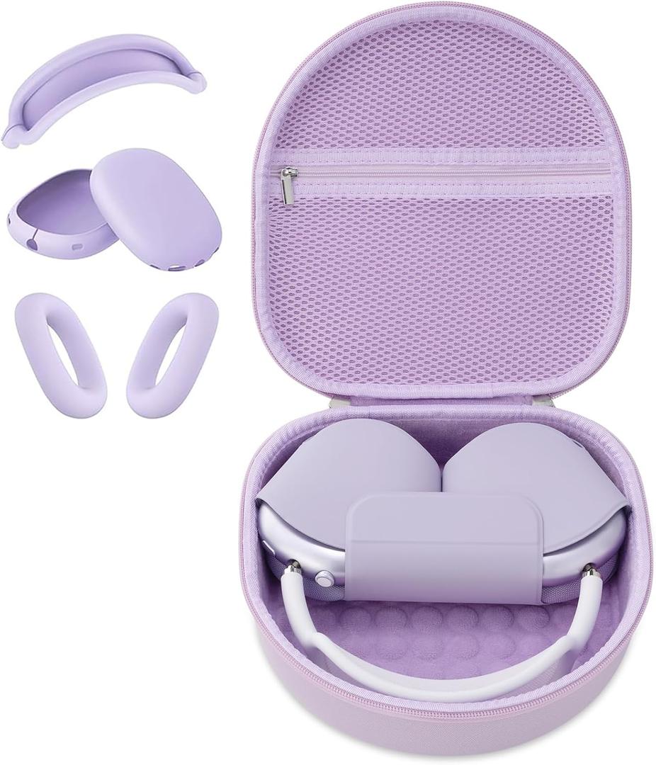 Case for Apple Airpods Max 2/ Airpods Max Headphones, Travel Portable Headphone Hard Case Cover Bag, Mesh Pouch with Zipper for Charger and Accessories (Purple case & Cover)