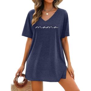 Mama Shirts for Women Dresses Mom Life Shirt Mothers Day Tops Mama Summer V Neck Casual Vacation Dress (S)