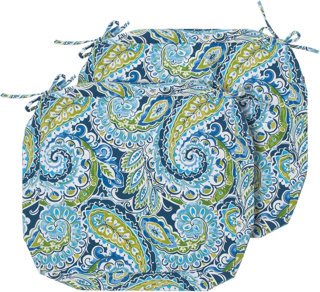 Magpie Fabrics Indoor Outdoor Cushion Cover Replacement 2 Pack, NO Insert! Water Repellent Slipcover with Ties Decor for Patio Garden Chair Seat Sofa Bench Wicker(Paisley Lapis Green, 20x18x4 Inch)