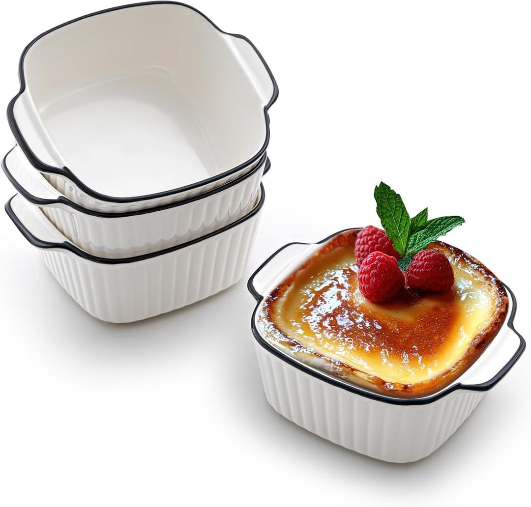 Maxdot 4 Pcs Ceramic Baking Dishes Porcelain Soup Bowls 5.75 Inches Ceramic Square Cereal Bowls with Handles for Kitchen Air Fryer Oven Microwave Safe Serving Mother's Day Wedding Party Gift