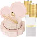 WDF 350Pcs Pink Plastic Plates - Pink and Gold Disposable Plates 50Guest Plastic Dinnerware for Baby Shower/Birthday/Wedding/Spring/Mother's Day