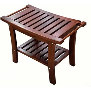 Solid Wood Shower Stool, 24" Bath Bench with Curved Seat, 330.7 lb Capacity, Non-Slip Feet, Storage Shelf, Natural Finish, Small,
