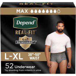 Depend Real Fit Incontinence Underwear for Men, Disposable, Maximum Absorbency, Large/Extra Large, Grey, 52 Count, Packaging May Vary