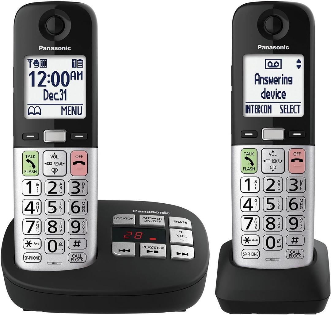 Panasonic Cordless Phone, Easy to Use with Large Display & Big Buttons, Flashing Favorites Key, Flashlight, Call Block, Volume Boost, Talking Caller ID, House Phones, 2 Cordless Handsets - KX-TGU432B (Black)
