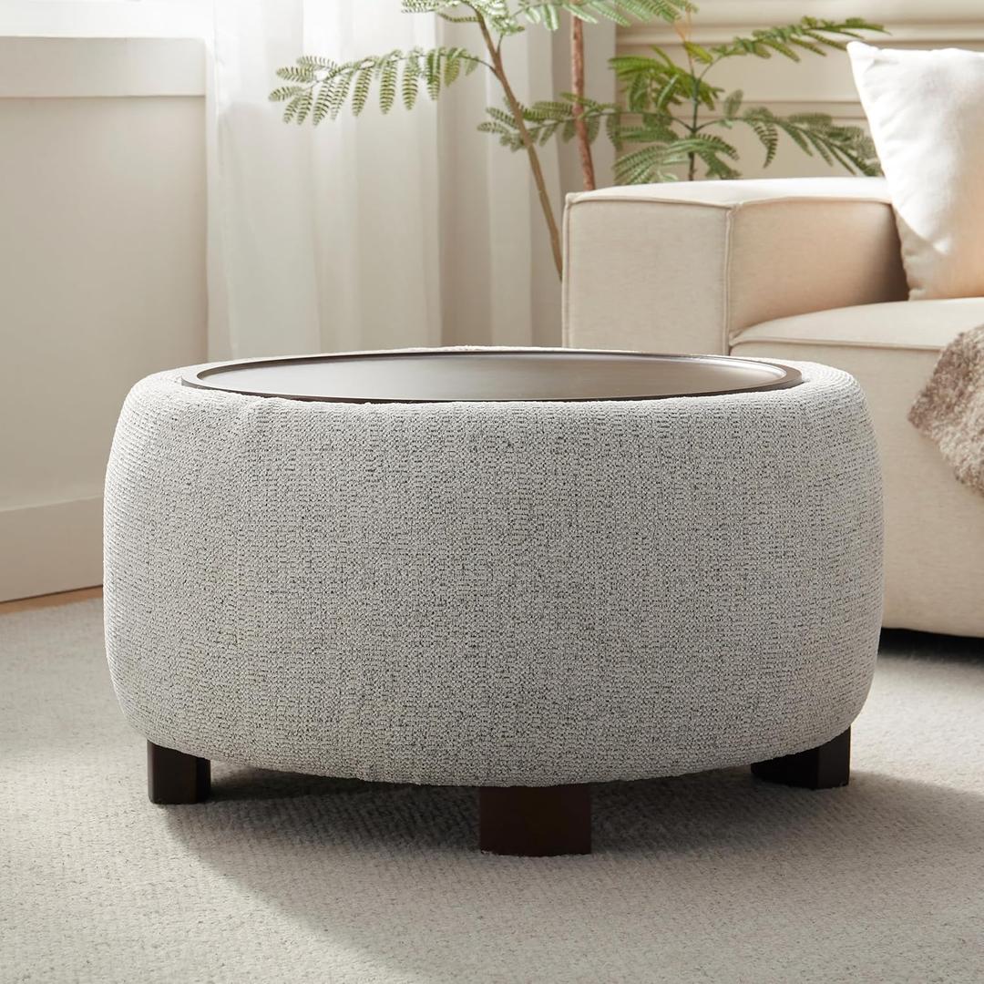 VKNOW 30" Round Ottoman with Storage, Modern Upholstered Ottoman Coffee Table with Removable Wood Top and Solid Wood Legs for Living Room, Bedroom, Apartments,Beige