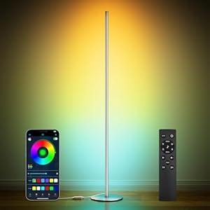 Luckystyle Smart RGB Corner Floor Lamp, Bright LED Tall Modern Floor Lamp with APP and Remote, Ambient Lighting Color Changing Standing Lamps with Music Mode and Timing for Living Room, Bedroom Silver