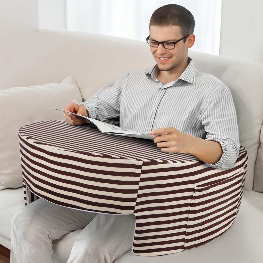 Reading Pillows for Sitting in Bed Adult, Reading Pillow for Gaming, for Working, Playing Games, Crocheting or Sitting, Lap Memory Foam Pillow with Side Pockets (Reddish Brown and White)