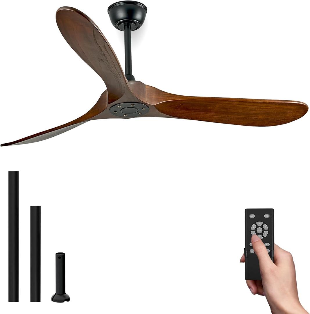 60 Inch Wood Ceiling Fan No Light,ETL Listed Farmhouse Outdoor Ceiling Fans for Patios with Remote,3 Blade Low Profile Windmill Propeller Room Fan with High CFM DC Motor for Exterior Pergola(Walnut) (Deep Walnut Blades + Black Body)