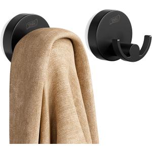 TAILI 304 Stainless Steel Bathroom Suction Hooks for Towel, Bathrobe, Loofah, Patented Strong Suction Cup Holder, No Damage Hanging Glass Shower Wall Hook, Double-Hook Sleek Design, 2 Pack, Black
