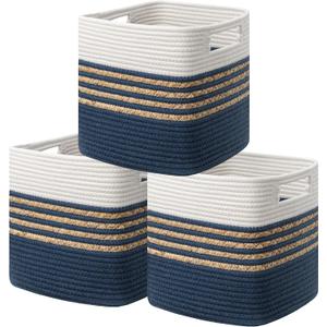 UBBCARE Set of 3 Storage Cubes 13 X 13 X 13 in, Water Hyacinth Storage Bins for Shelves, Toys, Book, Storage Baskets with Handles, Cotton Rope Woven Baskets for Organizing, Blue